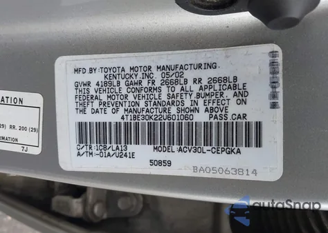 2002 Toyota Camry Xle from USA, damaged, VIN 4T1BE30K22U601060